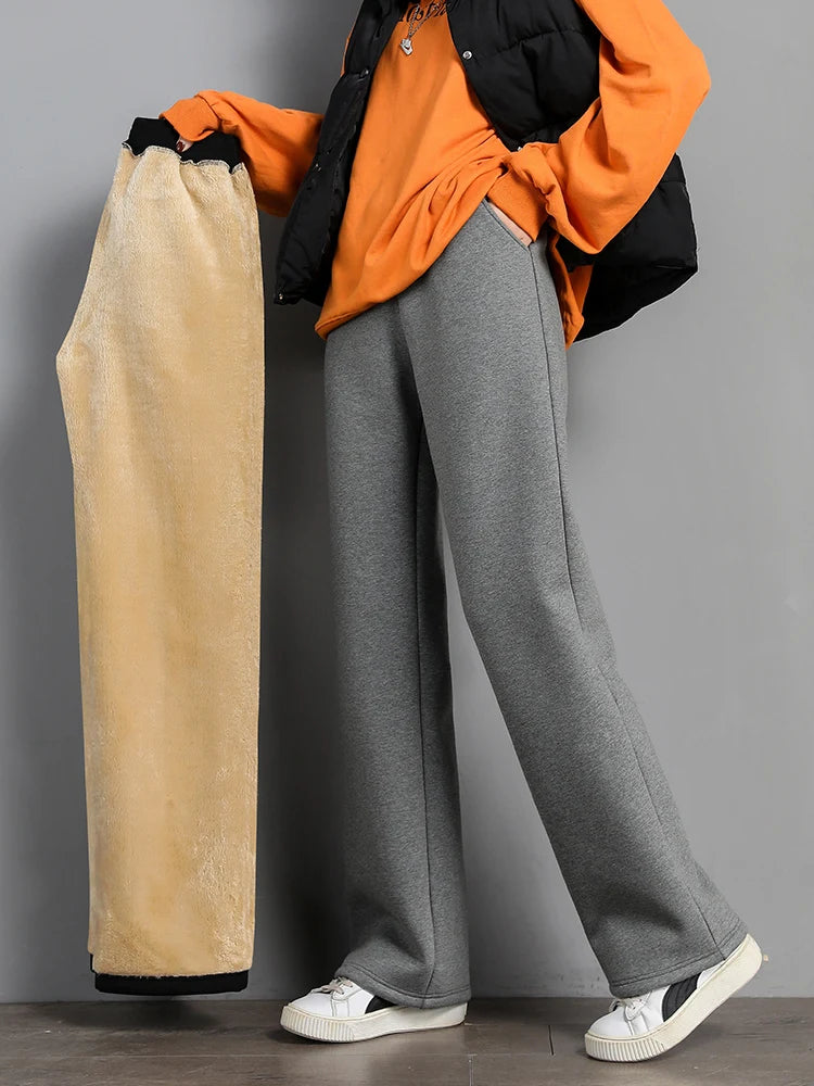 Women's Winter Lambskin Cashmere Trousers Loose Wide Leg Pants