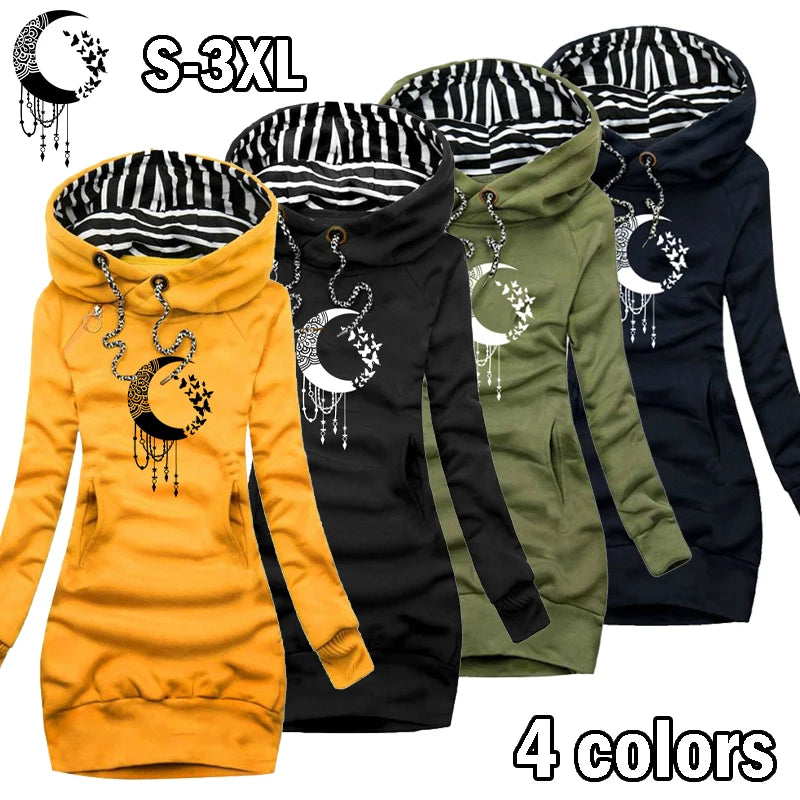 New Women's Long Sleeved Hooded Pullover Pocket Sweater Dress