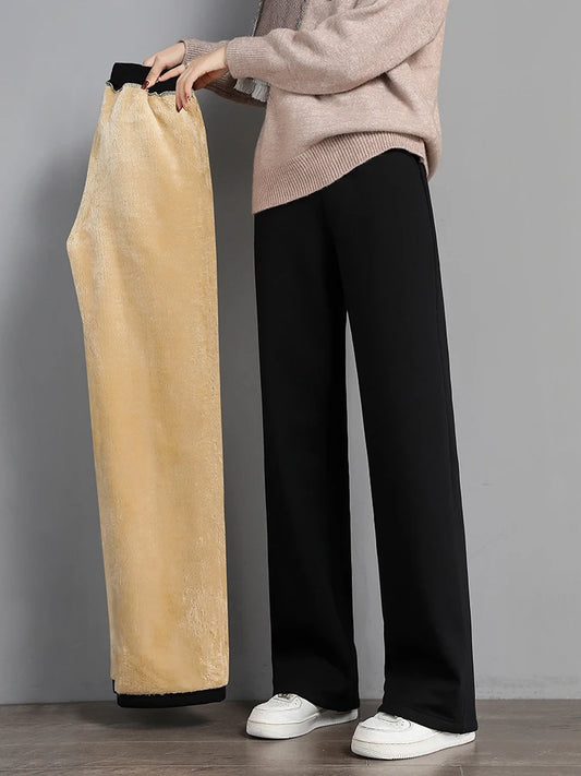 Women's Winter Lambskin Cashmere Trousers Loose Wide Leg Pants