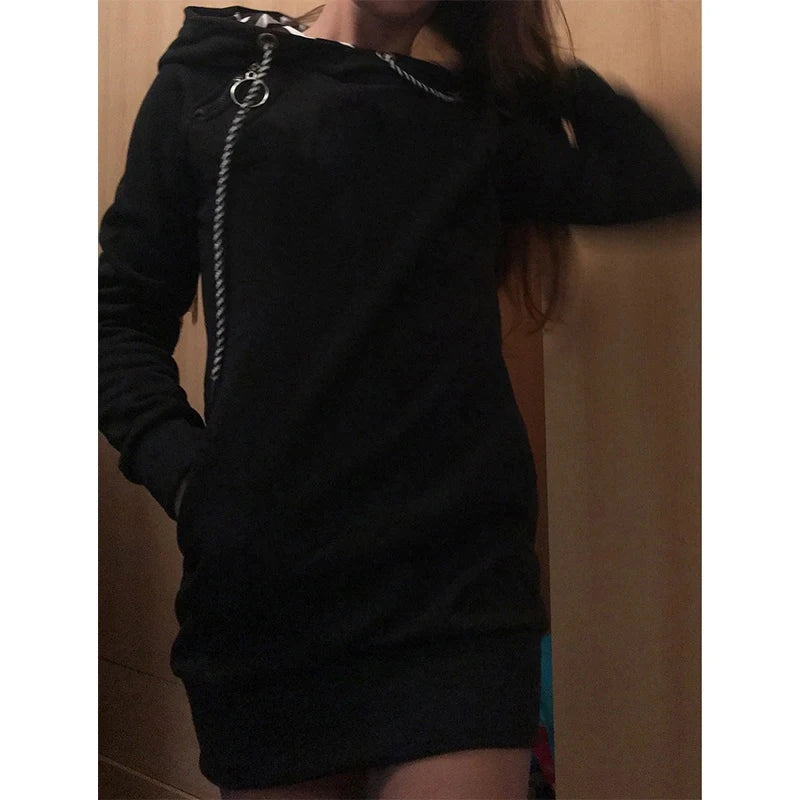 New Women's Long Sleeved Hooded Pullover Pocket Sweater Dress